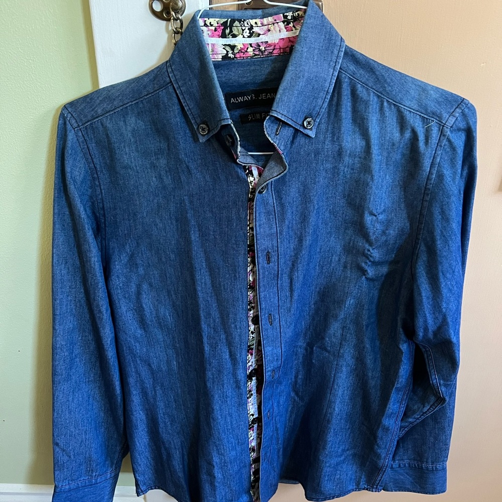 Denim / chambre-like deep blue button down with funky collar